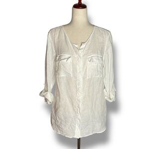 Talbots White Round Neck Linen Button Up Roll Tab Long Sleeve Shirt Size Medium